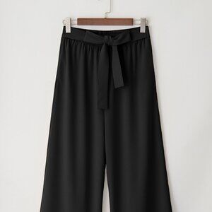 Black High Washted Tie Front Side Pocket Wide Leg Flowy Casual Pants
